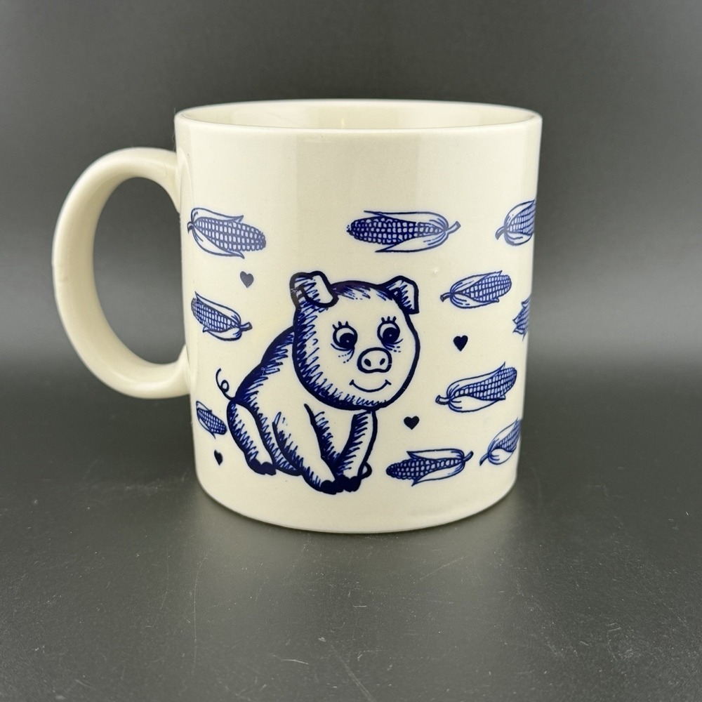Takahashi Japan Vintage Coffee Mug Pig And Corn Porcelain Blue White Novelty